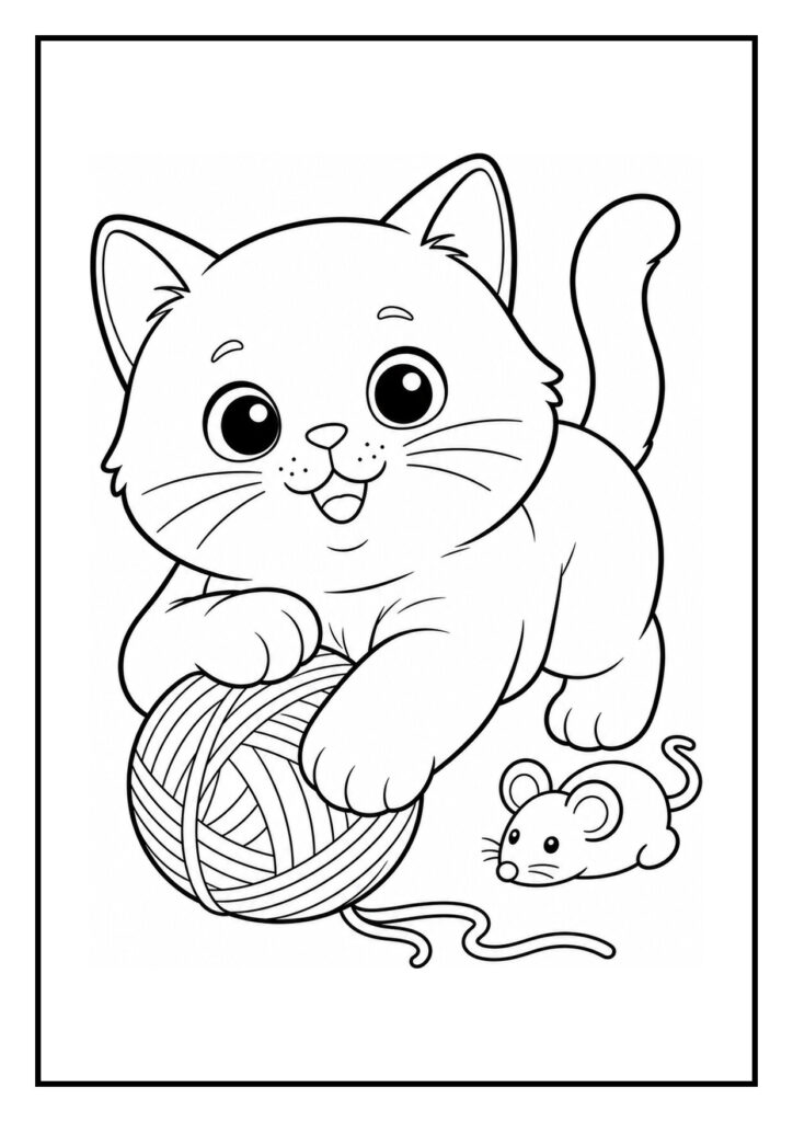Schattige kleurplaat van een Britse korthaar kat die speels met een bol wol speelt met een muisje naast zich