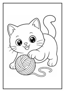 Kleurplaat van een Britse Korthaar kitten die speelt met een zwevende speelgoedmuis