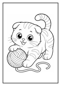 Kleurplaat van een speelse Scottish Fold kat die een bol wol ontwart.
