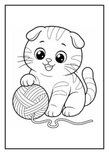 Scottish Fold kat kijkt aandachtig naar een vis in een kom op een kleurplaat.