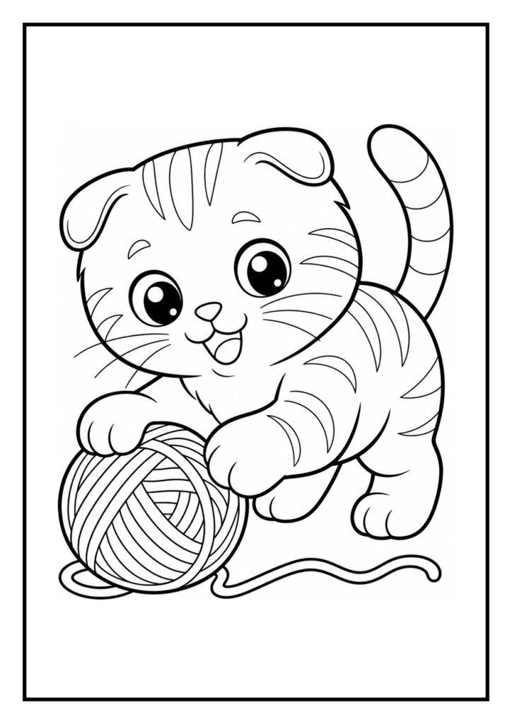 Kleurplaat van een Scottish fold kat die speels een papieren vliegtuigje vangt