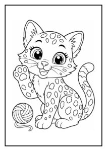 Kleurplaat van een schattige Savannah kat die haar pootje omhoog steekt naast een bol wol tijdens het springen over een lage hindernis