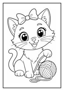 Kleurplaat van een schattige Savannah kat met strik die achter een zacht vallend blaadje aan glijdt en speelt met een bolletje wol