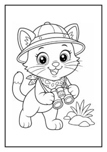 Kleurplaat van een schattige savannah kat die een dwarrelend lint vangt in een vrolijke avontuurlijke setting