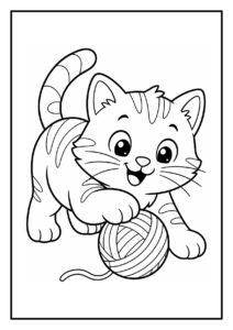 Leuke kleurplaat van een schattige kat die vrolijk speelt met een losse bol wol