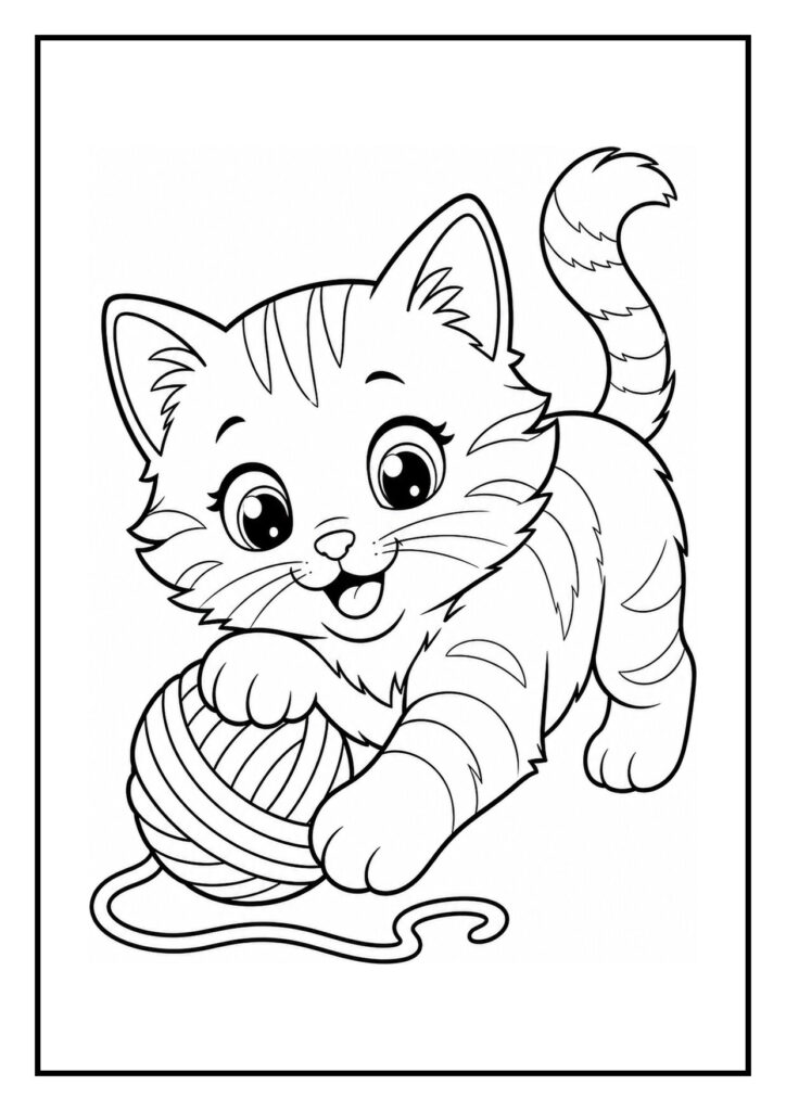 Leuke kleurplaat van een speelse kat die een belletje onderzoekt en met een bol wol speelt