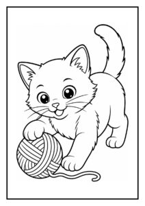 Kleurplaat van een speelse kitten die met een bol wol en draad op de vloer speelt