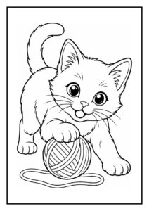 Kleurplaat van een speelse kat die met een bol wol speelt op een zachte deken