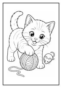Leuke kleurplaat van een speelse kat die in een mand kruipt en speelt met een bol wol naast een kleine muis