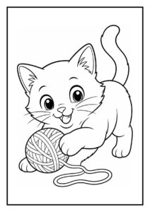 Kleurplaat van een speelse kitten die een garnalenhapje besnuffelt met een bol wol op de achtergrond