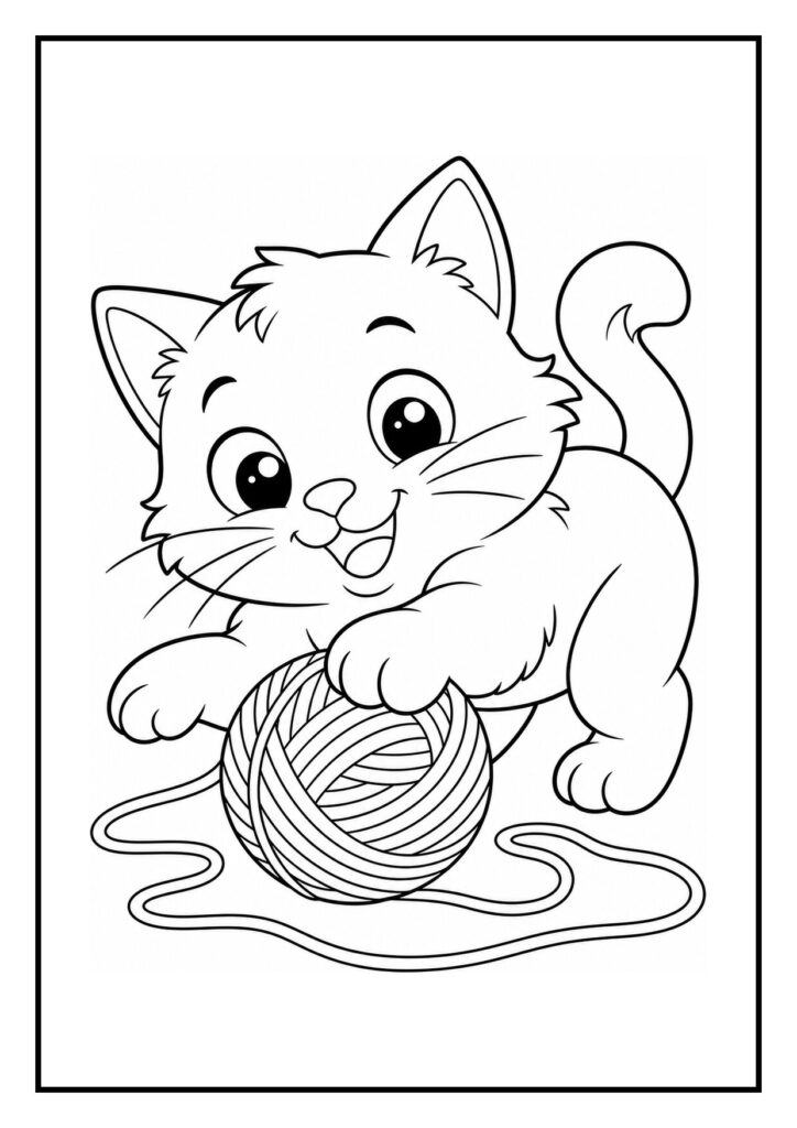 Kleurplaat van een vrolijke, speelse kat die in een kartonnen doos duikt met een bol wol.