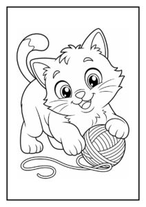 Schattige kleurplaat van een vrolijke kat die met een bolletje wol speelt