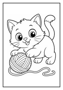 Kleurplaat van een schattige kat die vrolijk met een bol wol speelt