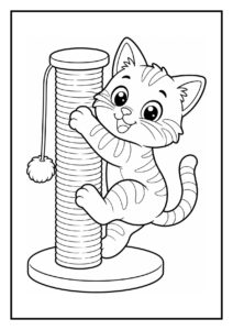 Leuke kleurplaat van een vrolijke kat die tegen een krabpaal klimt en op een vensterbankkussen springt