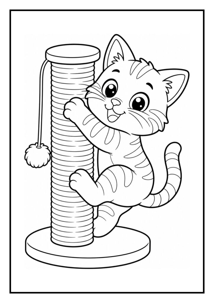 Leuke kleurplaat van een vrolijke kat die tegen een krabpaal klimt en op een vensterbankkussen springt