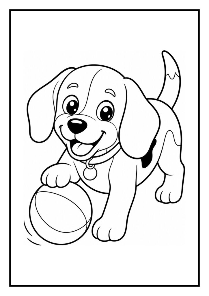 Kleurplaat van een schattige beagle die achter een frisbee aan springt in een sportieve en vrolijke sfeer