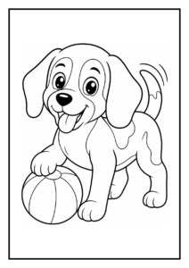 Kleurplaat van een vrolijke beagle puppy die speels in zijn mand duikt.