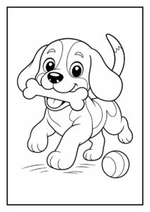 Kleurplaat van een schattige beagle die onder een heg door kruipt met een bot in zijn bek en een bal ernaast