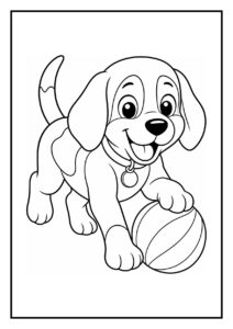 Kleurplaat van een vrolijke beagle puppy die een verloren sok vindt en speelt met een bal.