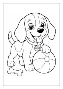 Kleurplaat van een schattige beagle puppy die vrolijk over een grasheuveltje rolt met een bal en een bot.