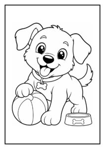 Schattige kleurplaat van een vrolijke puppy die met een bal speelt naast een voerbak en een grote sok.