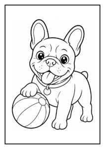 Kleurplaat van een vrolijke Franse bulldog die met een bal uit een mand springt, geschikt voor kinderen.