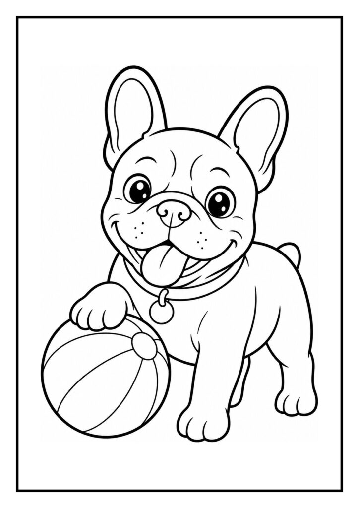 Kleurplaat van een vrolijke Franse bulldog die met een bal uit een mand springt, geschikt voor kinderen.