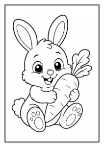 Vrolijke kleurplaat van een schattig babykonijn dat bijna valt naast een grote bloem met een wortel in zijn poot
