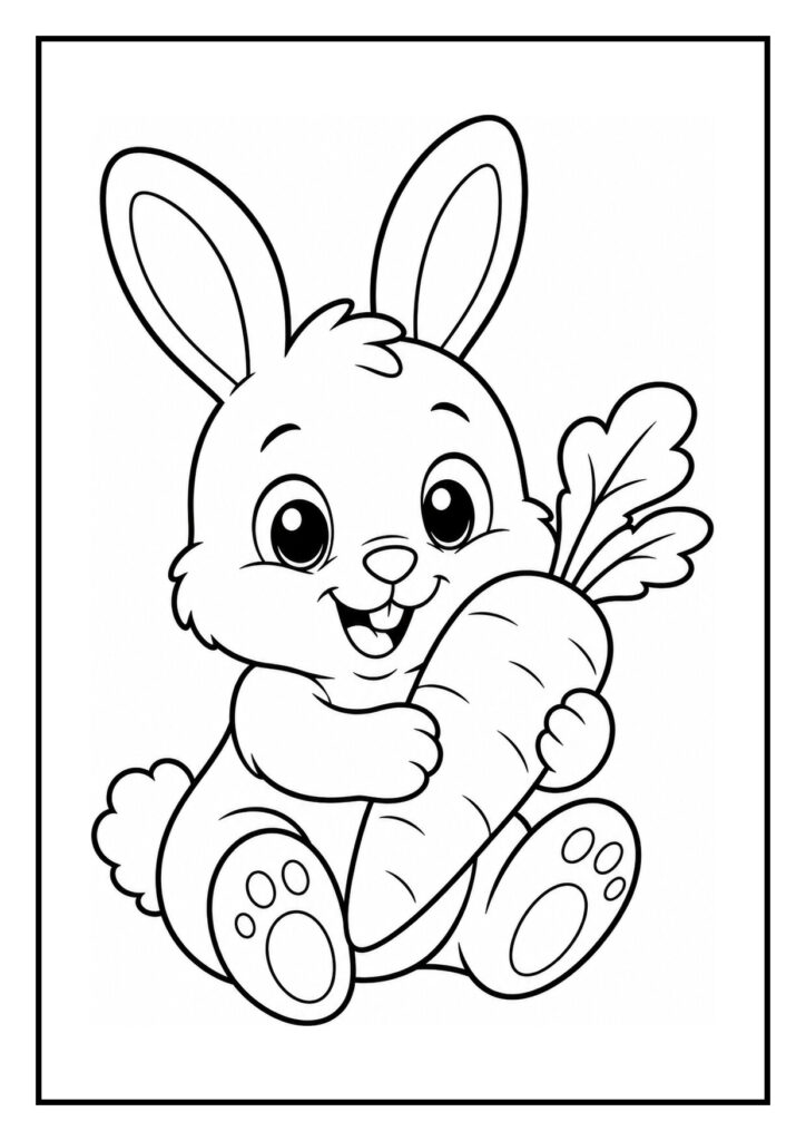 Vrolijke kleurplaat van een schattig babykonijn dat bijna valt naast een grote bloem met een wortel in zijn poot