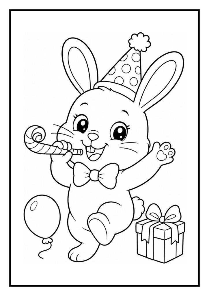 Vrolijke kleurplaat van een konijn met een feestmuts, een feestfluitje, een ballon en een cadeau
