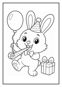 Kleurplaat van een vrolijk konijn met een feesthoedje die een feesttaart bakt, omgeven door ballonnen en een cadeau voor een verjaardag.