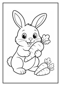 Leuke kleurplaat van een schattig konijn dat aan een koolblad trekt, geschikt voor jonge kinderen.