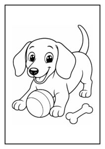 Leuke kleurplaat van een vrolijke teckel puppy die speels achter een grote bal rent met een bot erbij