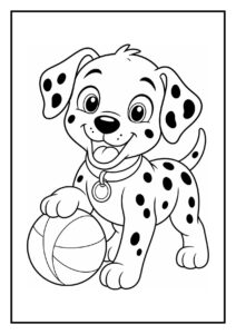 Kleurplaat van een vrolijke dalmatiër puppy die zijn eigen staart vangt, geschikt voor kleuters