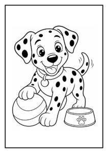 Vrolijke dalmatiër puppy springt door een hoepel in een speelomgeving met bal en voerbakje