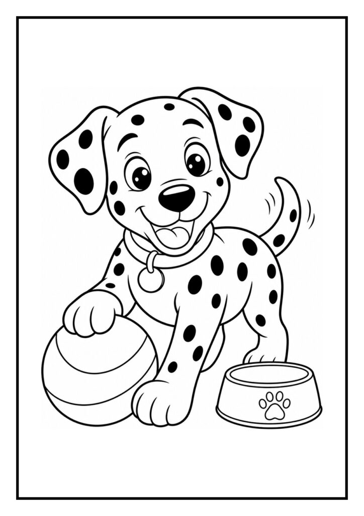 Vrolijke dalmatiër puppy springt door een hoepel in een speelomgeving met bal en voerbakje