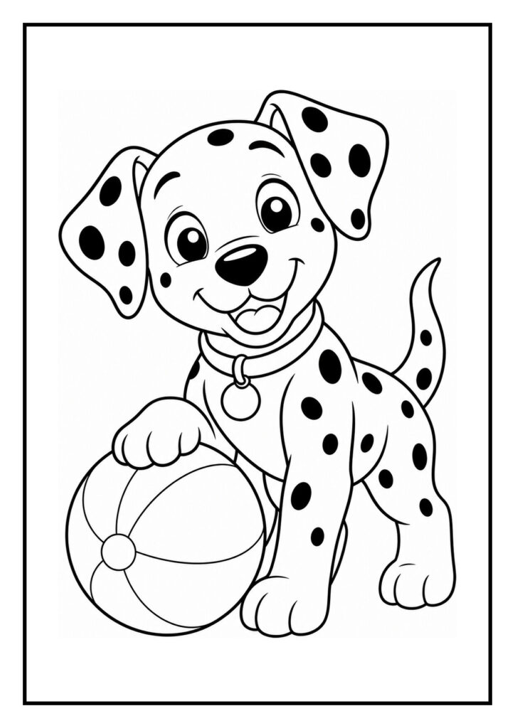Vrolijke dalmatiër puppy die speelt en een vallende bal opvangt op kleurplaat