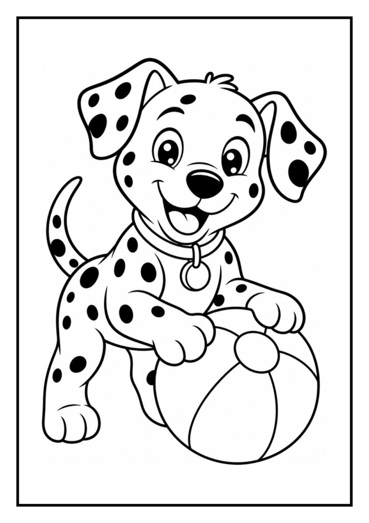 Vrolijke dalmatiër puppy die speels een spoor opsnuffelt met een bal in de buurt