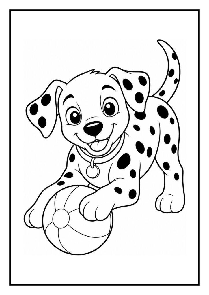 Kleurplaat van een vrolijke dalmatiër pup die met een bal speelt en door een regenplas spat
