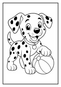 Dalmatier pup die vrolijk een bot uit een cadeauzak haalt op een kleurplaat voor kinderen