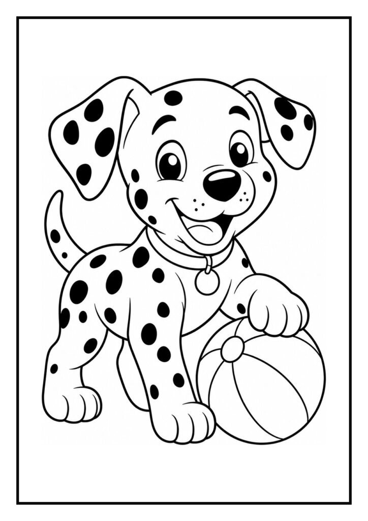Dalmatier pup die vrolijk een bot uit een cadeauzak haalt op een kleurplaat voor kinderen