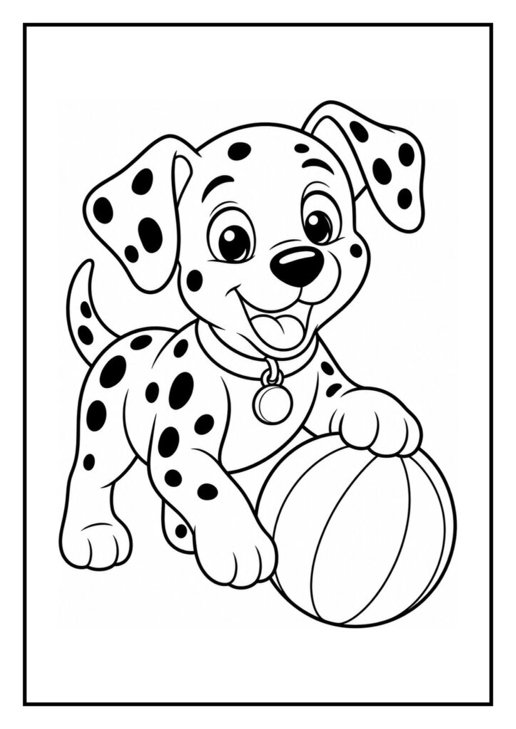 Vrolijke dalmatiër puppy die in een mini-karrenrace rijdt met een bal