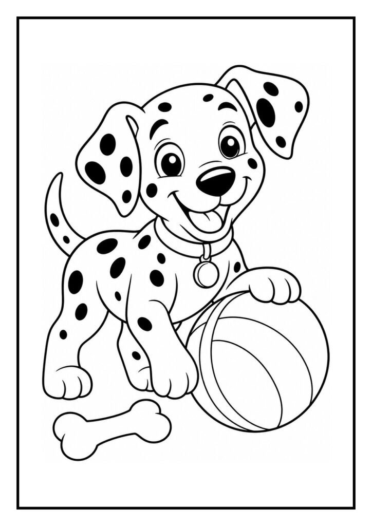 Vrolijke kleurplaat van een speelse dalmatiër puppy die over een lage hindernis springt met een bal en een bot in beeld