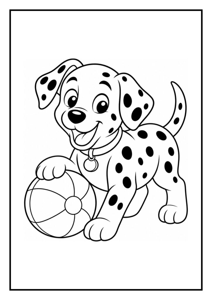 Leuke kleurplaat van een vrolijke dalmatiër puppy die speelt met een bal en een verloren sok vindt