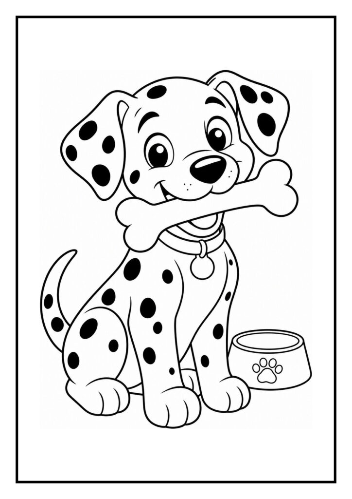Een vrolijke dalmatiër pup die een bot vasthoudt naast een hondenvoerbak op de kleurplaat