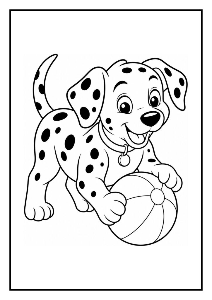 Kleurplaat van een dalmatier pup die speels in een stapel bladeren duikt