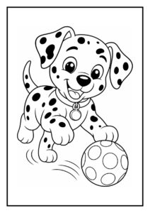 Kleurplaat van een vrolijke dalmatiër puppy die een vliegende frisbee vangt tijdens het spelen