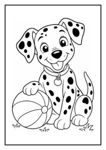 Kleurplaat van een vrolijke dalmatier die van een kleine heuvel glijdt terwijl hij speelt met een bal