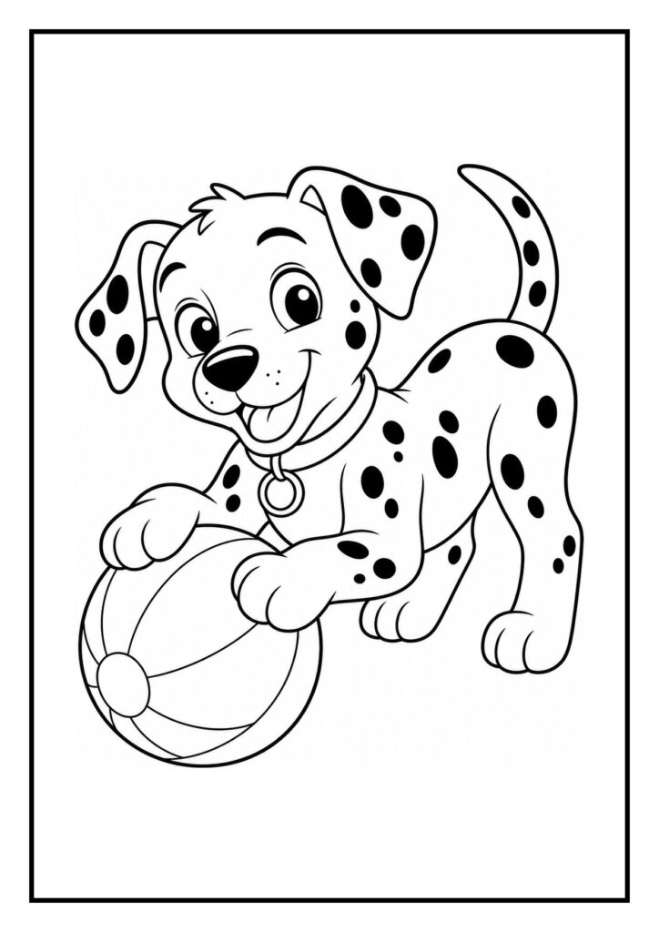 Leuke kleurplaat van een vrolijke dalmatiër puppy die met een bal speelt en een pootafdruk onderzoekt