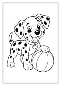 Kleurplaat van een vrolijke dalmatiër puppy die uit een hondentunnel komt met een bal erbij